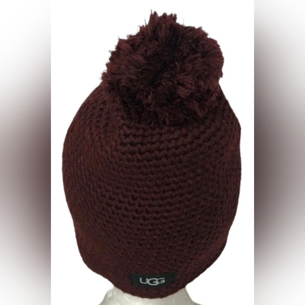 UGG Chuncky Women's Waffle Knit Pom Pom Slouchy Maroon Beanie, New - Picture 5 of 7